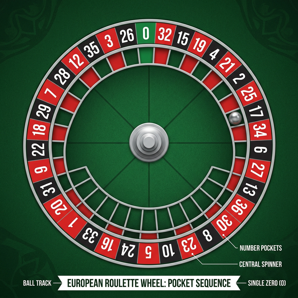 European roulette wheel with red, black and green numbered pockets used in online roulette games
