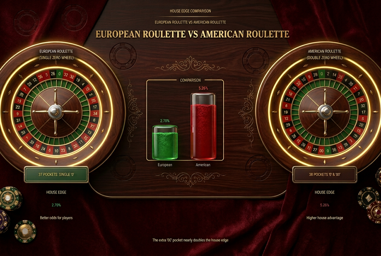 Roulette house edge comparison between European (2.70%) and American (5.26%) roulette variants