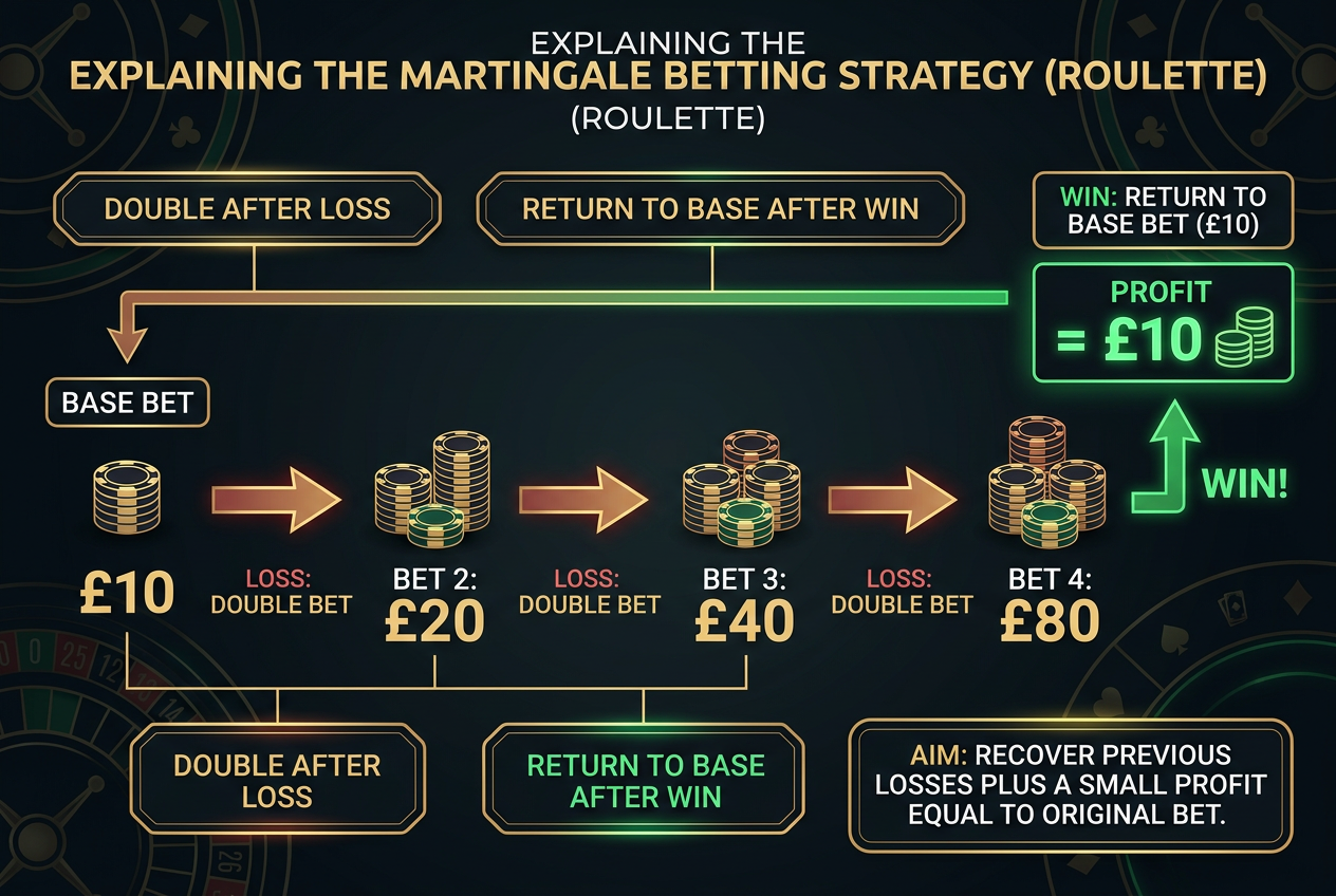 Martingale roulette betting strategy chart showing bet doubling progression after losses