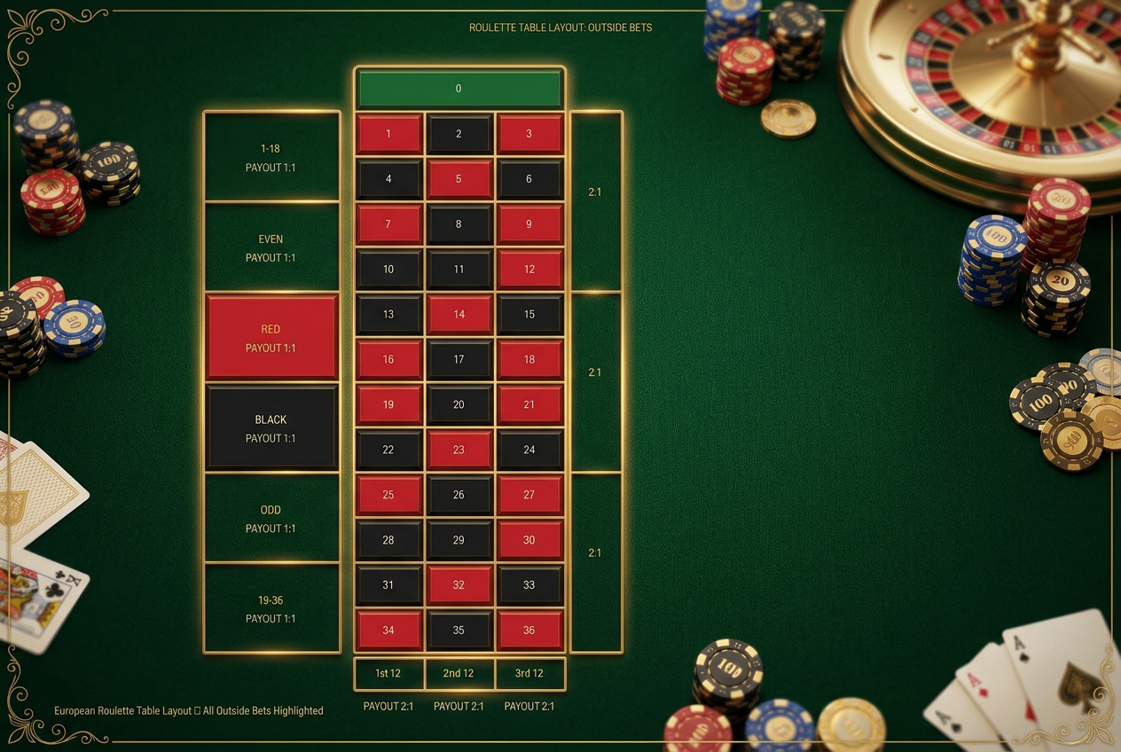 Roulette table outside bets area showing red/black, even/odd, columns and dozens betting positions